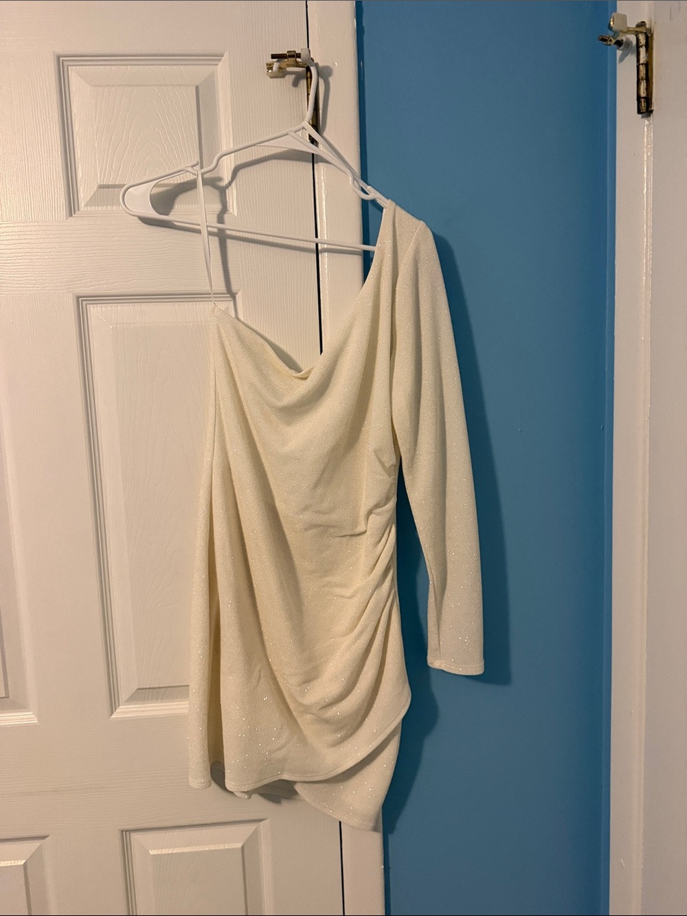 City Studio One-Shoulder Cream Sparkle Drape Dress